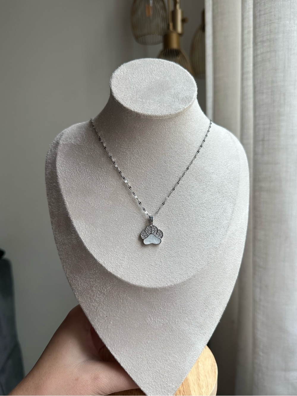 Sterling Silver Mother of Pearl CZ Paw Pendant Necklace - Silver